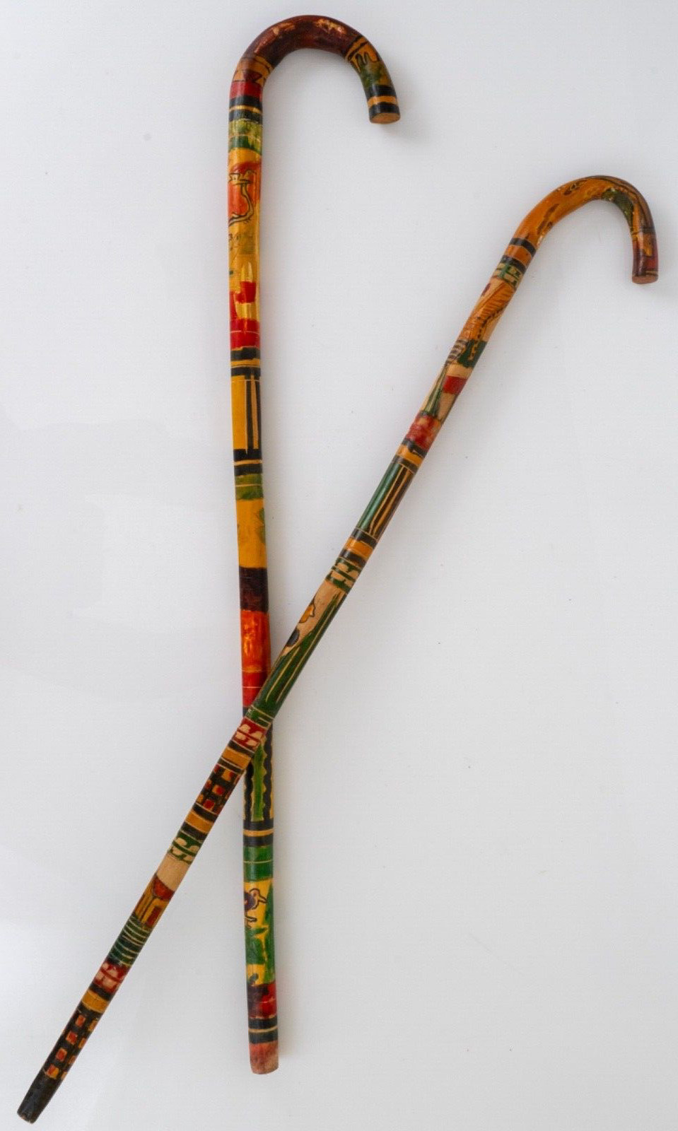2 Vintage Mexican Hand Painted & Carved Walking Sticks Colorful Aztec Motif