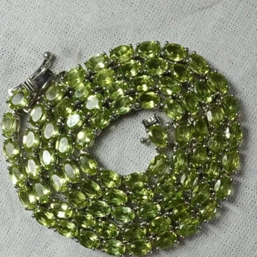 14Ct Oval Lab Created Green Peridot Men’s Tennis Necklace 14K White Gold Finish