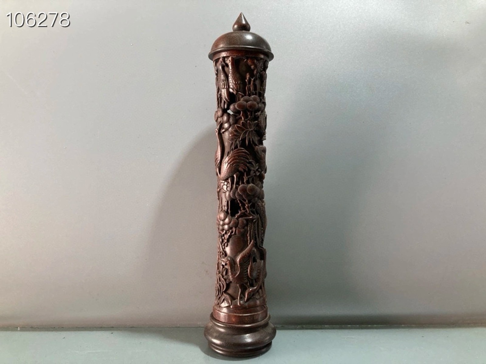 Chinese Natural Boxwood Hand-carved Pine and Crane Pattern Incense Tube 4736