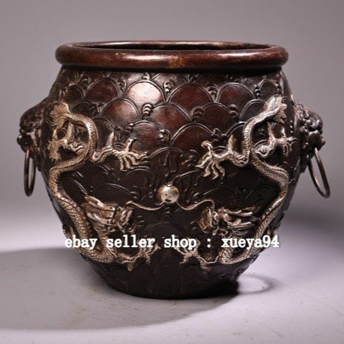 4.7” Old china Dynasty Bronze Silver Dragon loong Beast lion head Jar Pot Crock