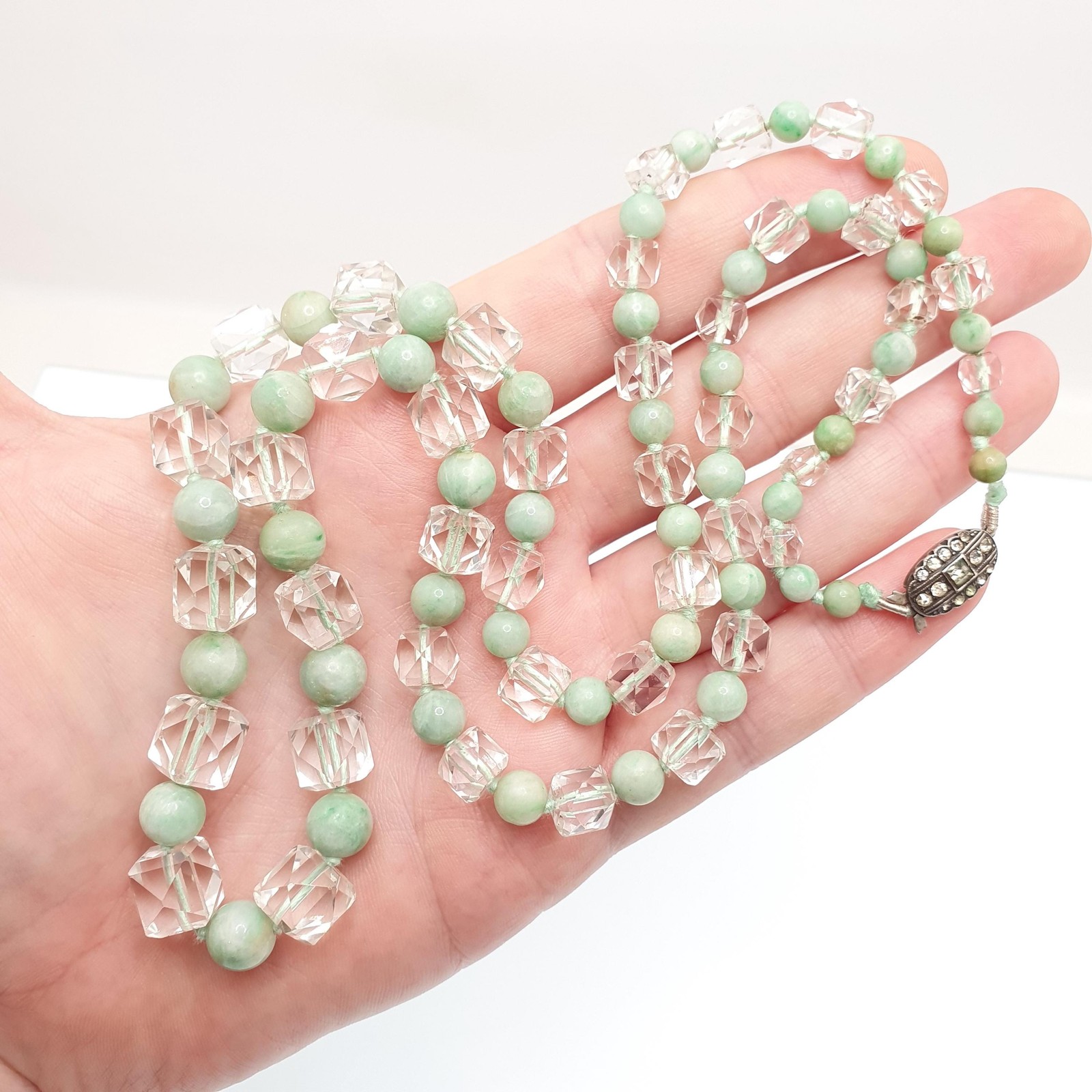 Antique Jade & Rock Crystal Bead Necklace Art Deco 1920s White Quartz 178cm 70″