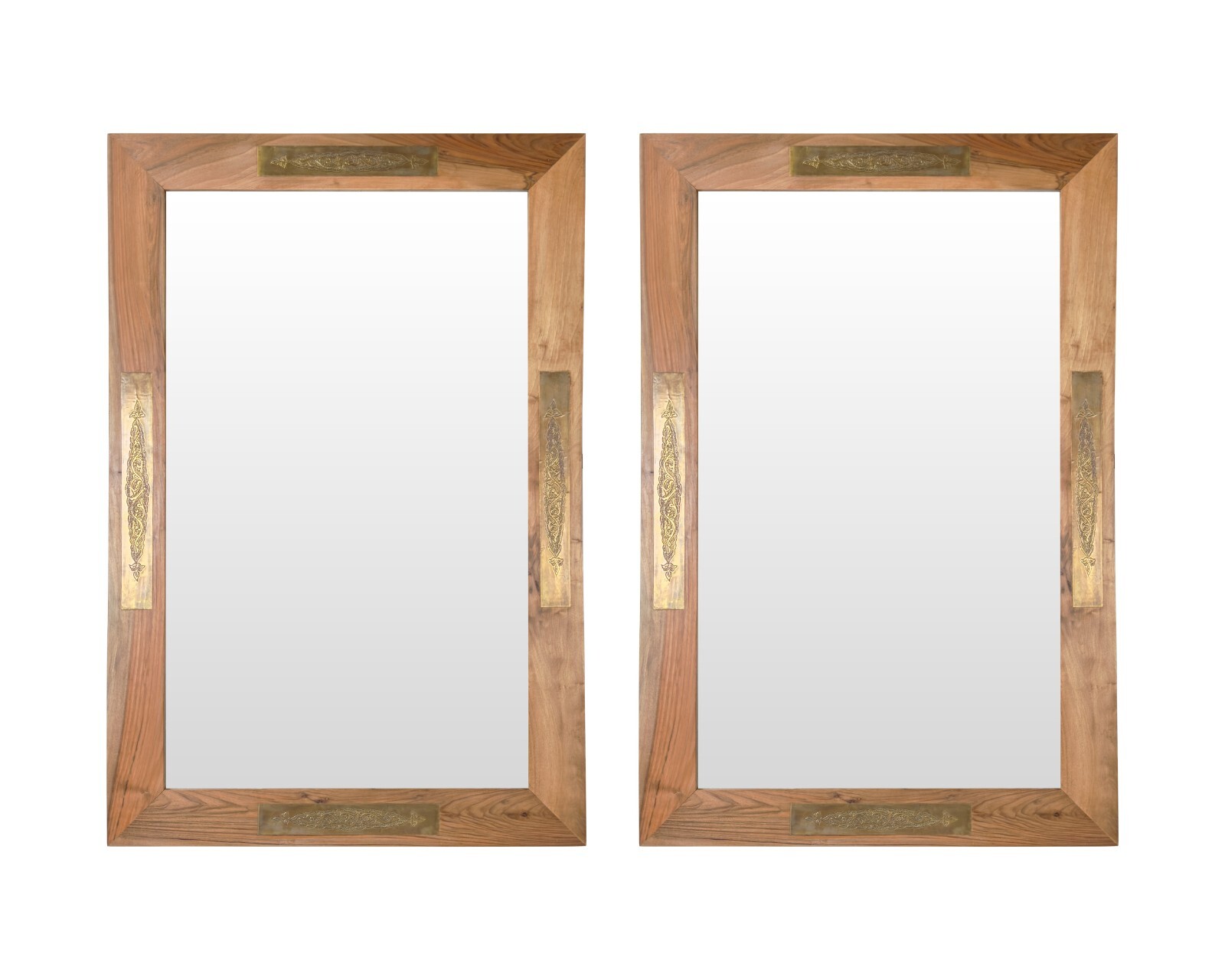 Organic Modern Style Walnut & Brass Filigree Design Wall Mirror, a Pair