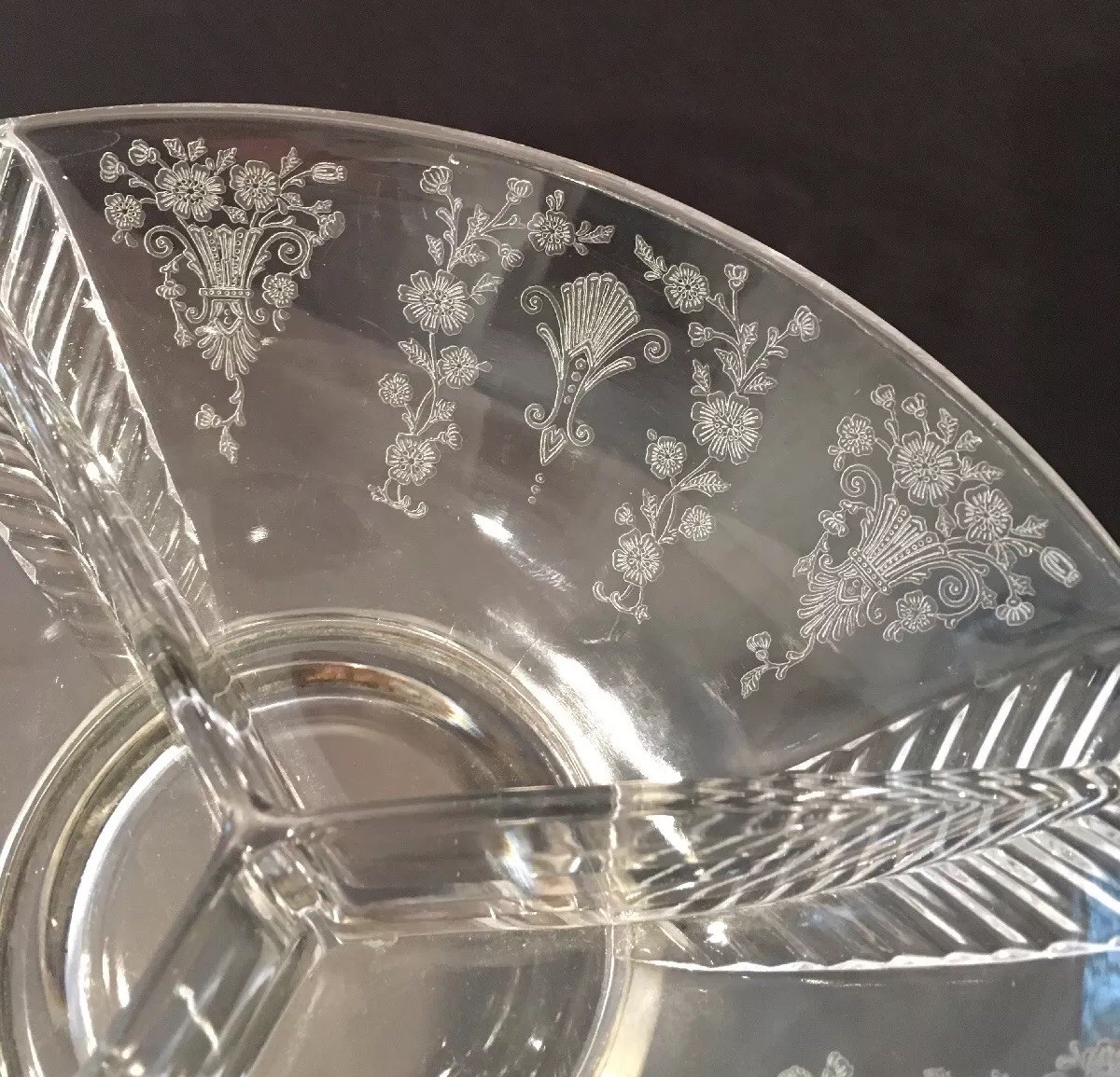 Vintage Duncan Miller Glass Feather #711 Dish With Solid Sterling Silver Base