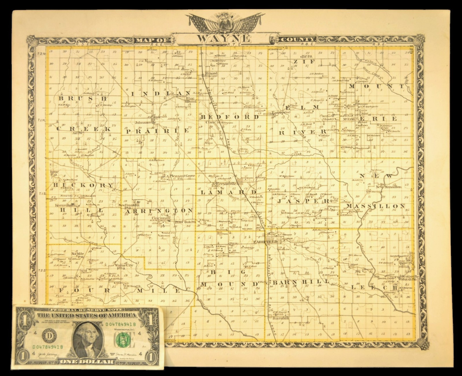ca 1876 WAYNE COUNTY Illinois Map Fairfield Barnhill Township S&ISE Railroad