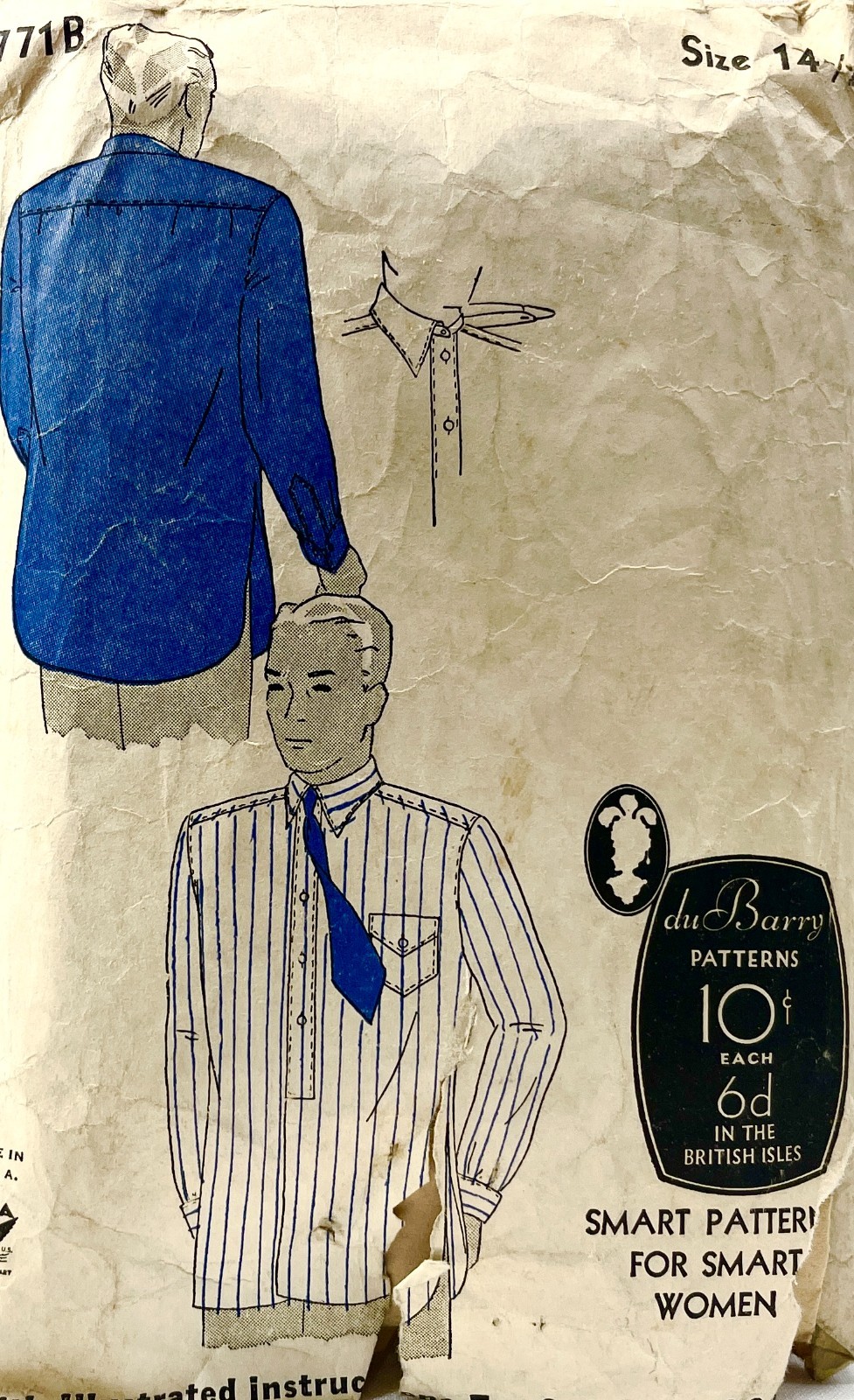 1920s du Barry Sewing Patterrn 771B Mens Shirt Size 14.5 Antique 1361