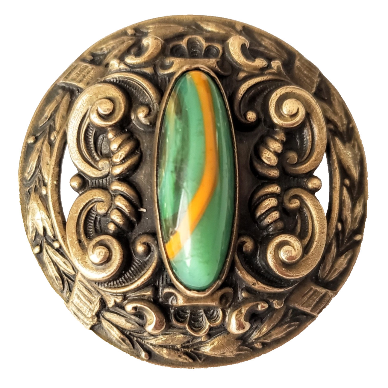 Antique Gay 90’s Button NO SHANK Long Oval Green Orange Glass Cabochon