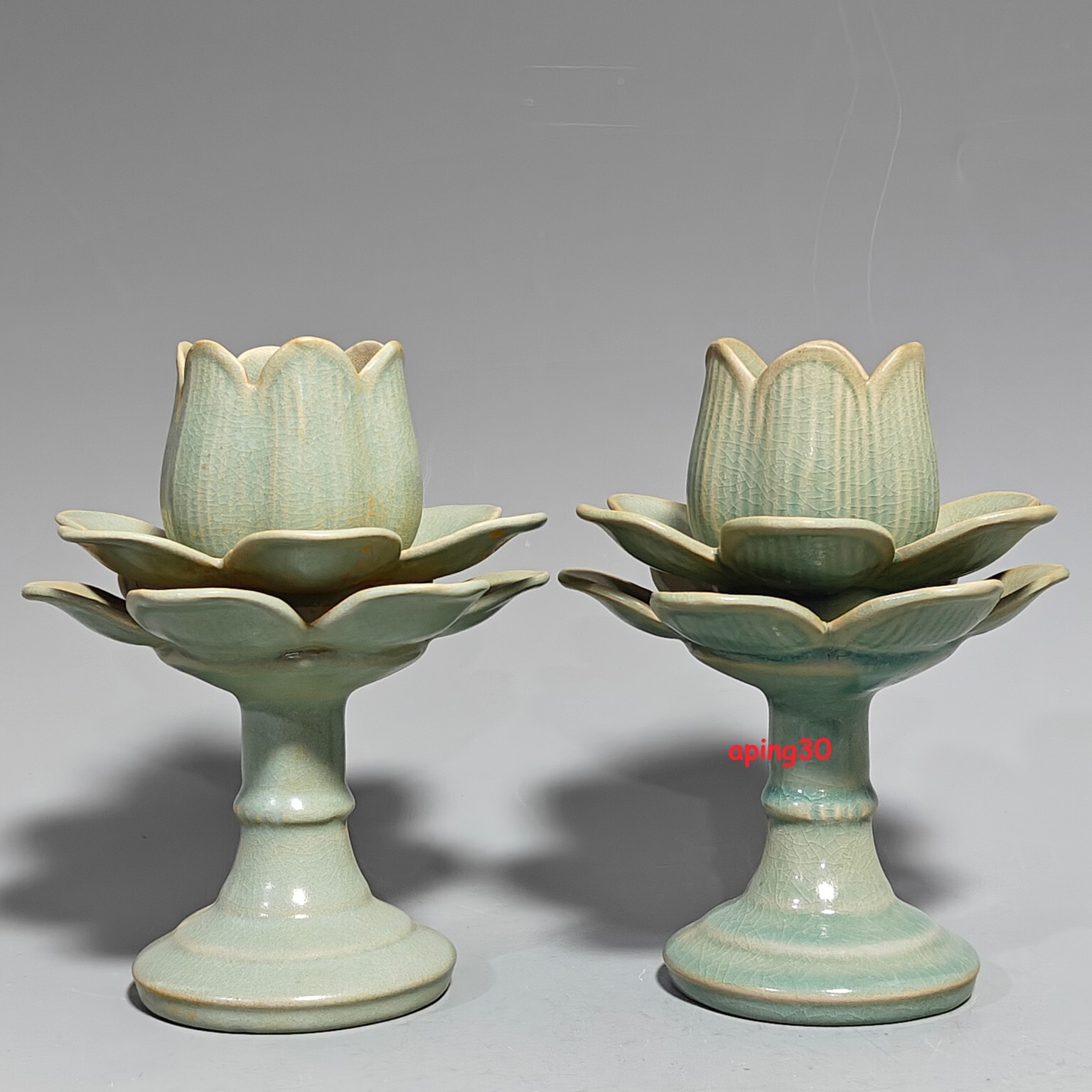 7.8″ old vintage song dynasty ru kiln porcelain a pair lce crack louts lampstand