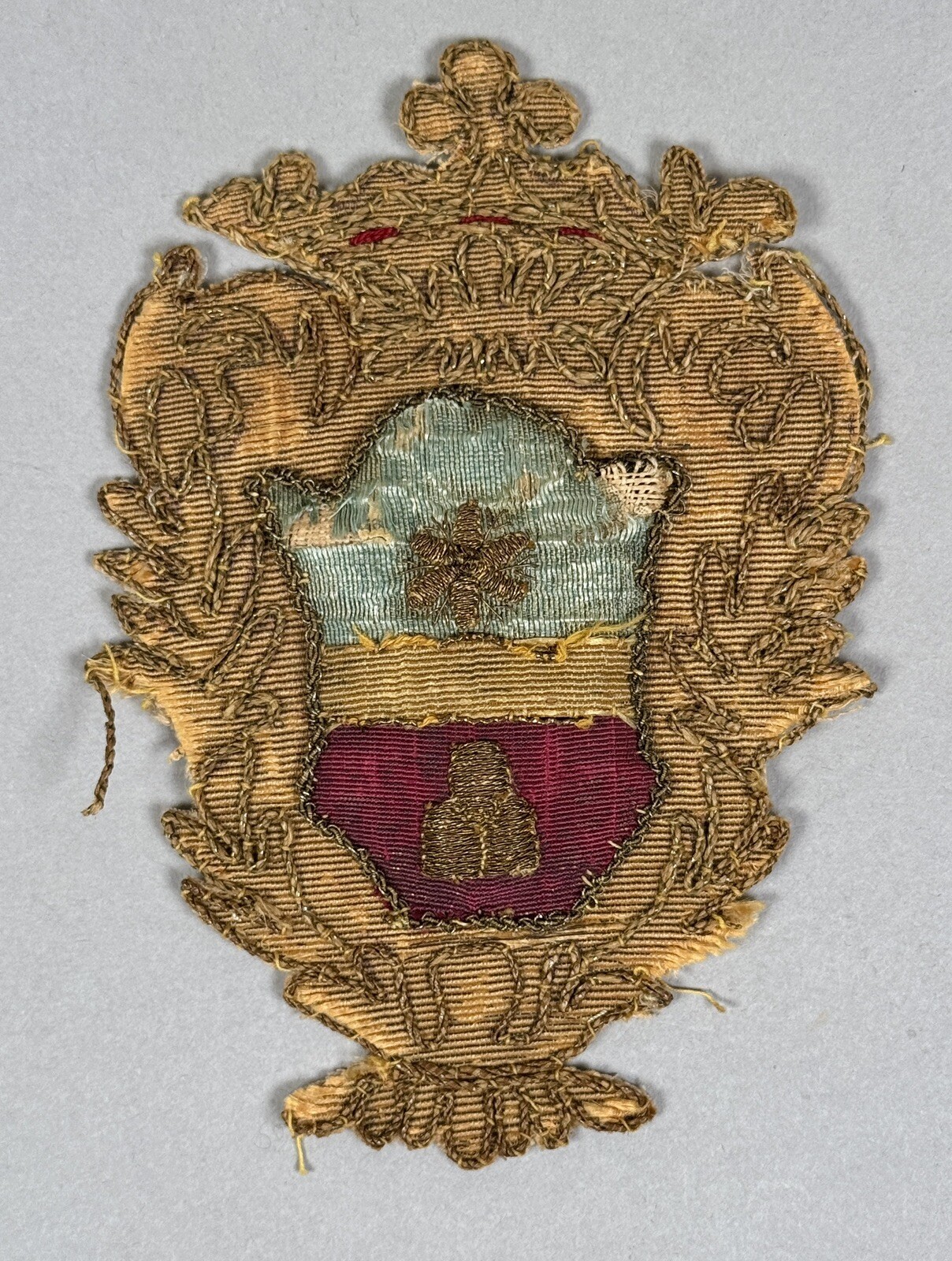 Antique 17th C. Italian Embroidery Coat of Arms Baroque Armorial Heraldry Crest