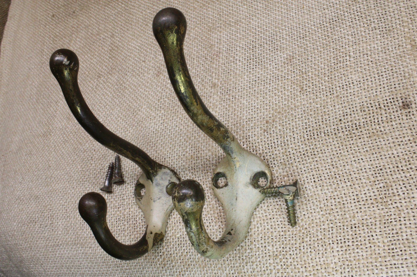 2 Coat Hook Tarnished Vintage Brass Color School Farm House Heart Base 3 1/4”