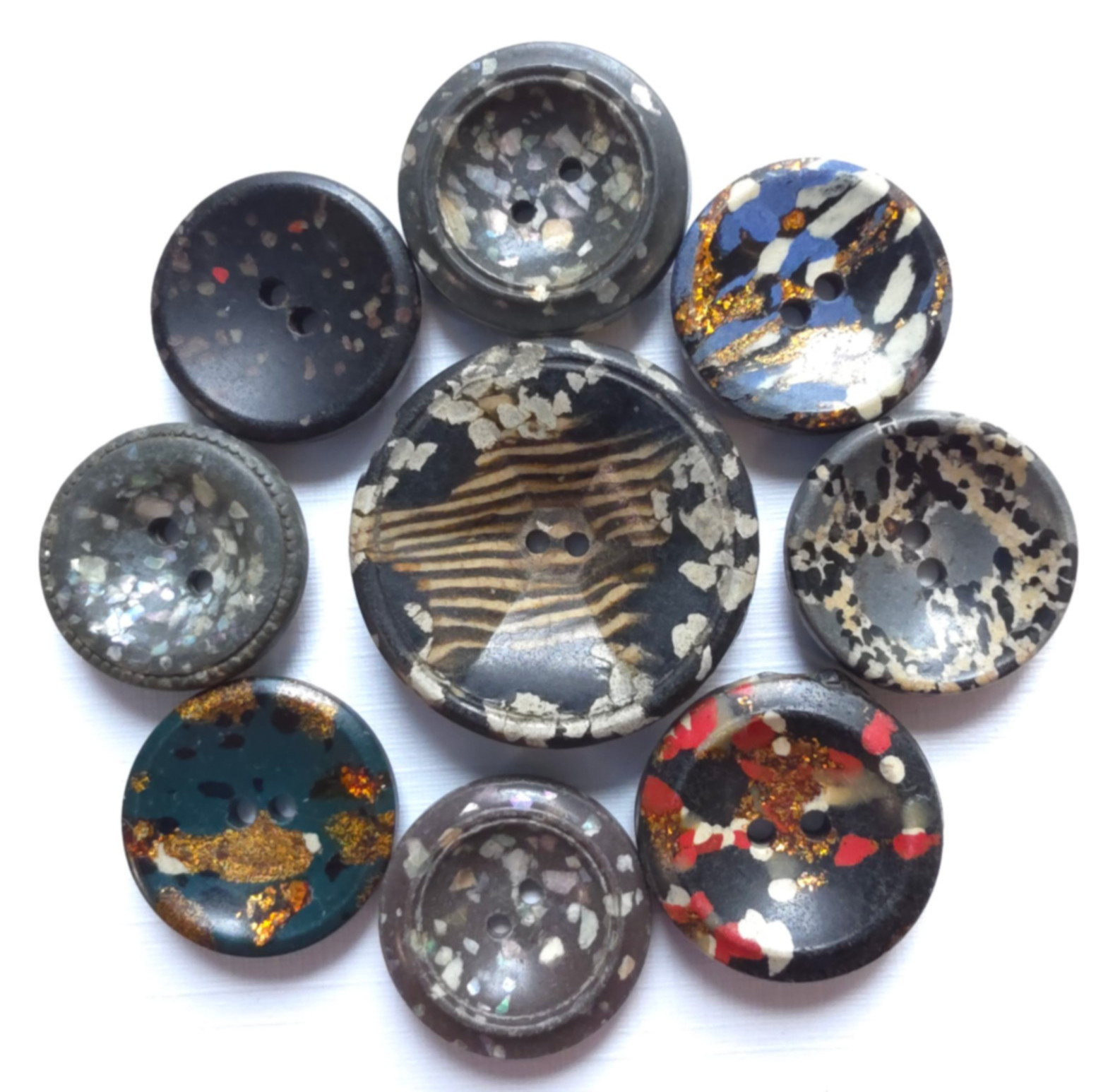 9 Antique Bowl Shaped Composition Buttons ~ Mottled Colors Gold Flakes etc