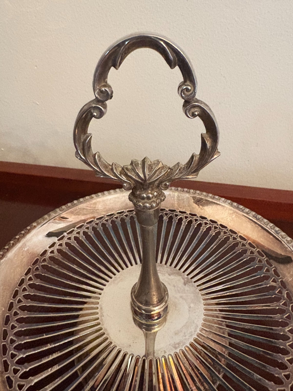 Metal Serving Basket Pierced Dish Scroll Handle Silver Tone Display