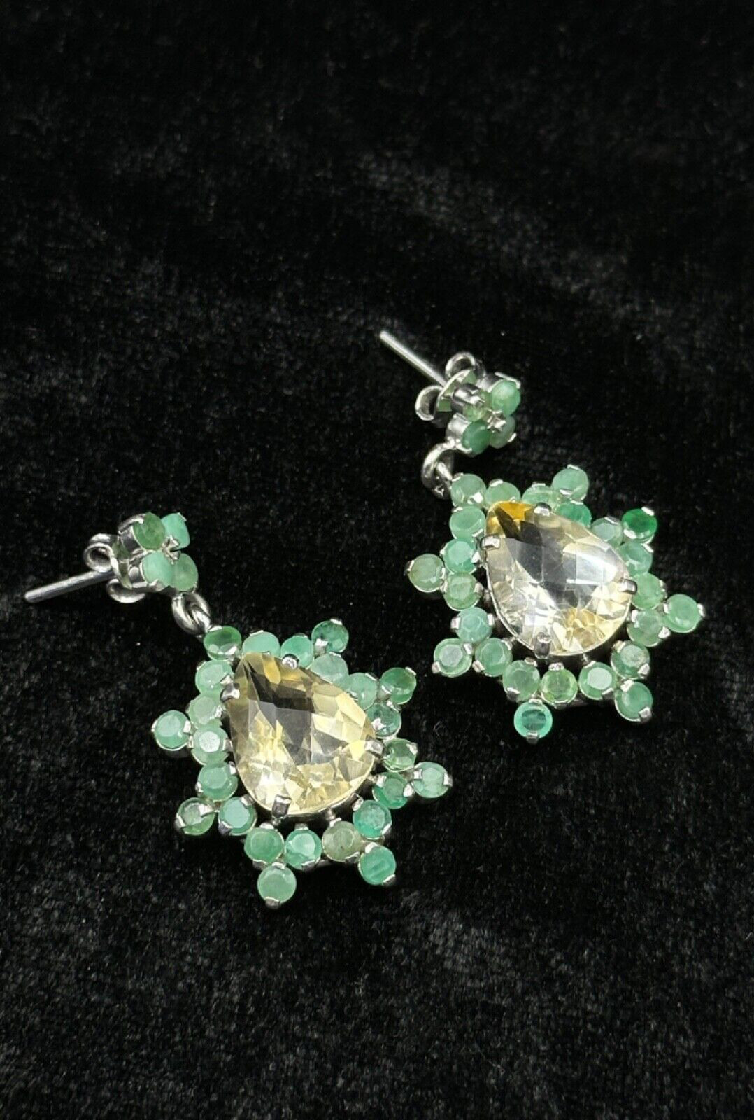Vintage Victorian Faceted Citrine & Emerald Gemstone Silver Beautiful Earrings