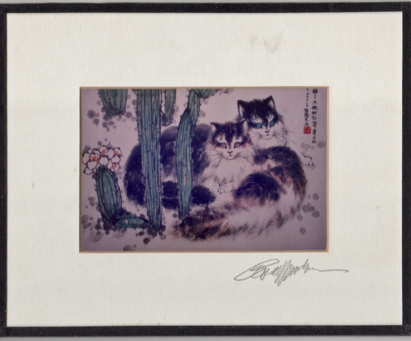 Vintage Original Ink & Color on Paper Chinese Cat Painting Signed