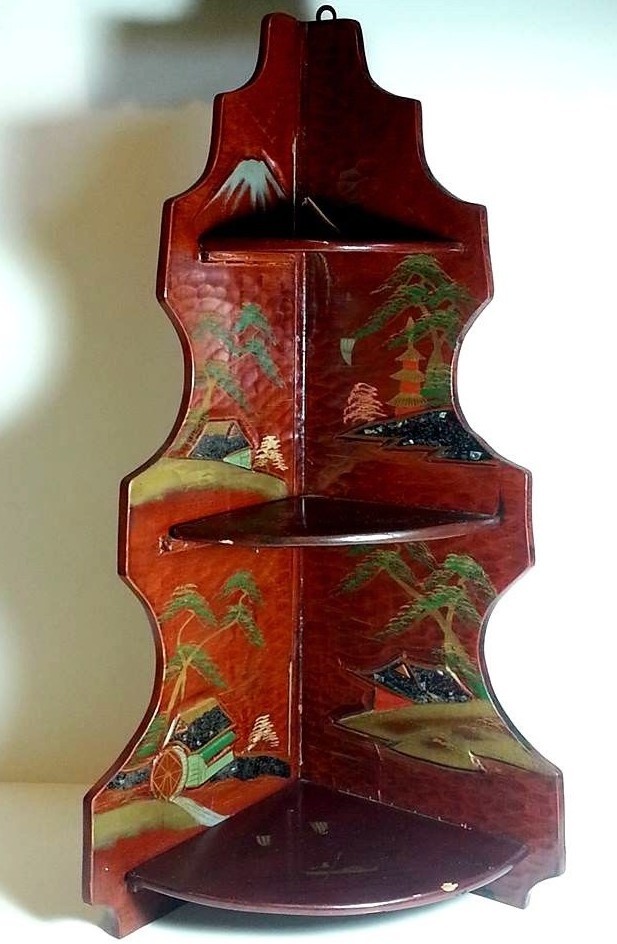 ANTIQUE ASIAN WOOD HAND PAINTED MOTHER OF PEARL INLAY FOLDABLE CORNER CABINET