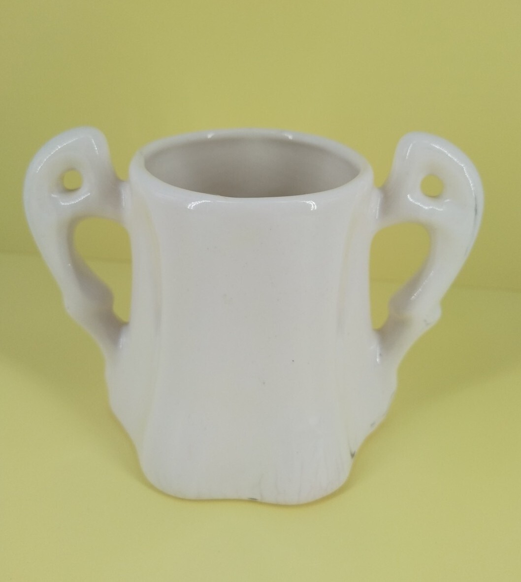 Antique Double Handle Ceramic Pottery Cup White 3.5″ X 5″ Vintage Scarce