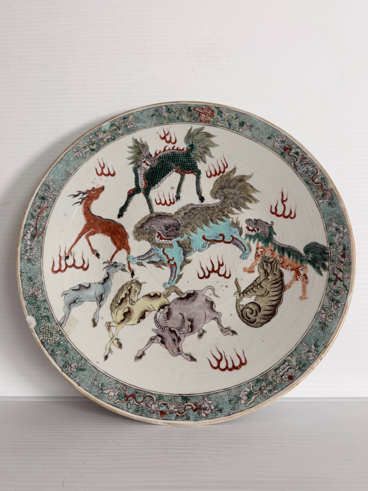 13″ Antique Chinese Late Qing Wucai Porcelain Plate Double Dragon “Wanli” Mark