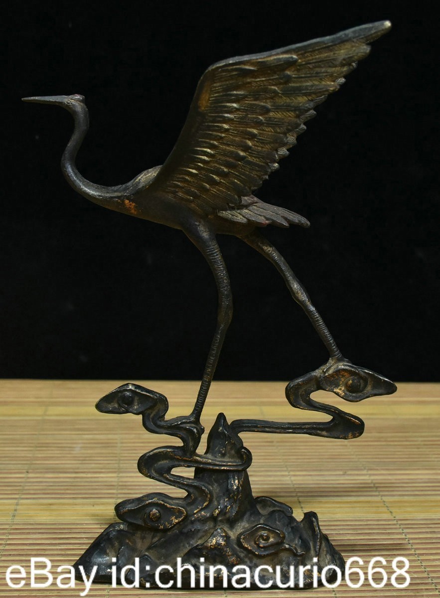 10.4″ Old China Copper Carving Feng Shui Crane longevity Lucky Statue
