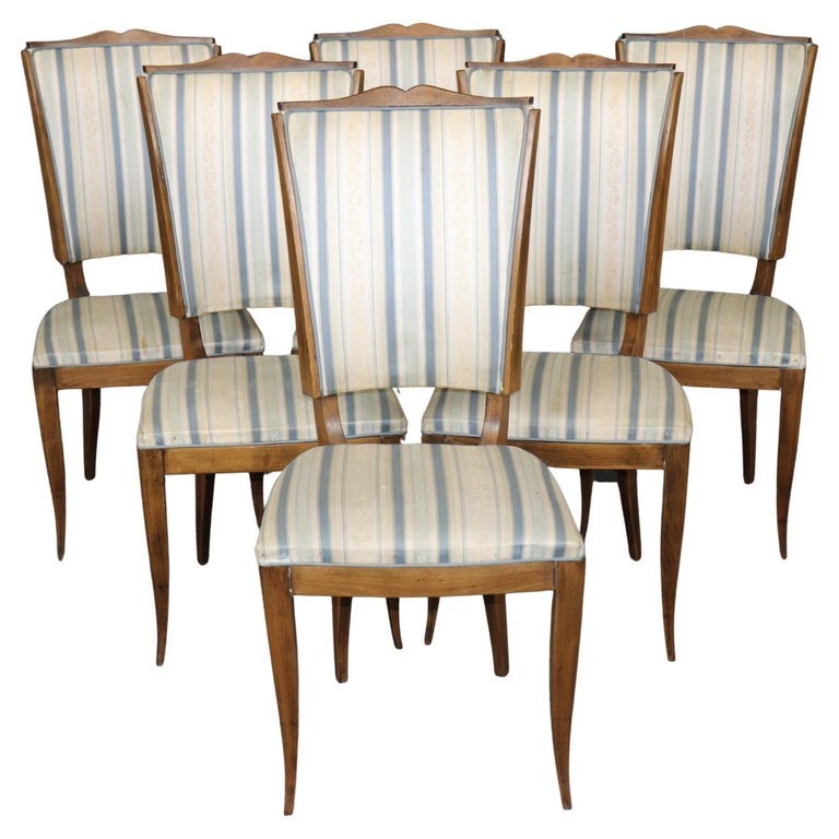 6 French Art Deco Mustache Back Dining Chairs Attributed to Jules Leleu