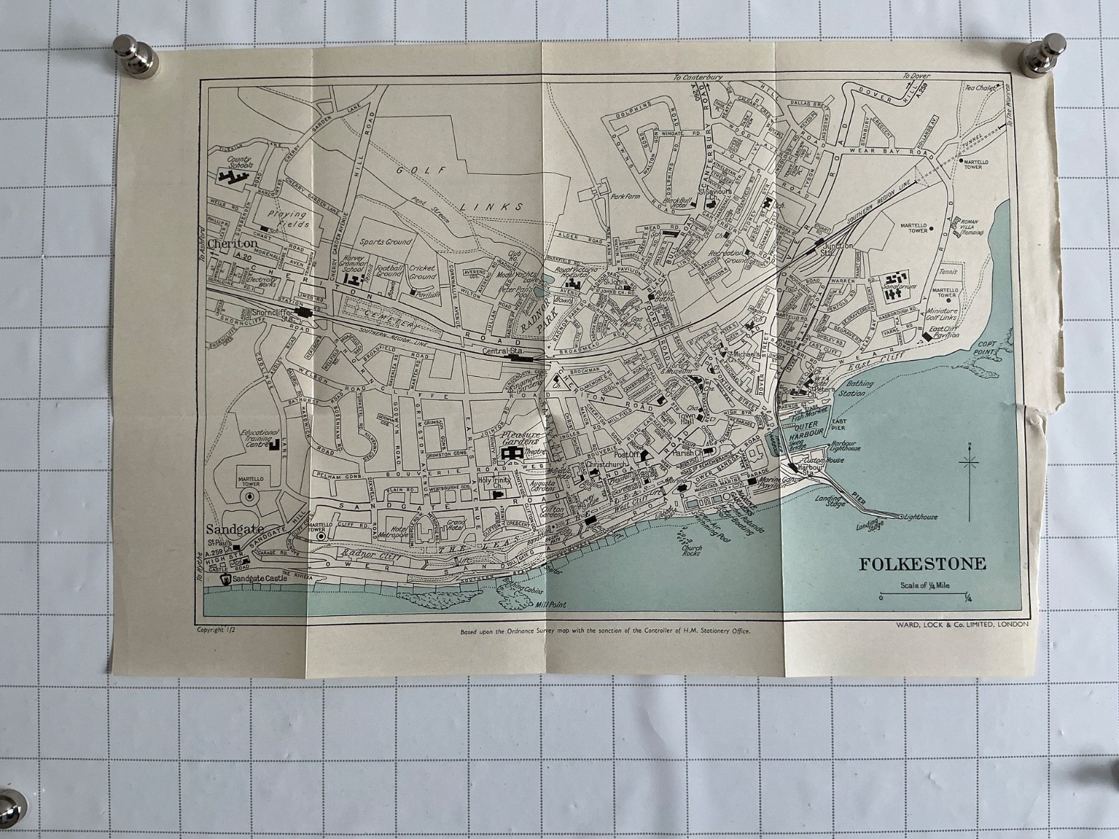 FOLKESTONE- KENT c1938 Antique Street Map Plan Original England Pleasure Gardens
