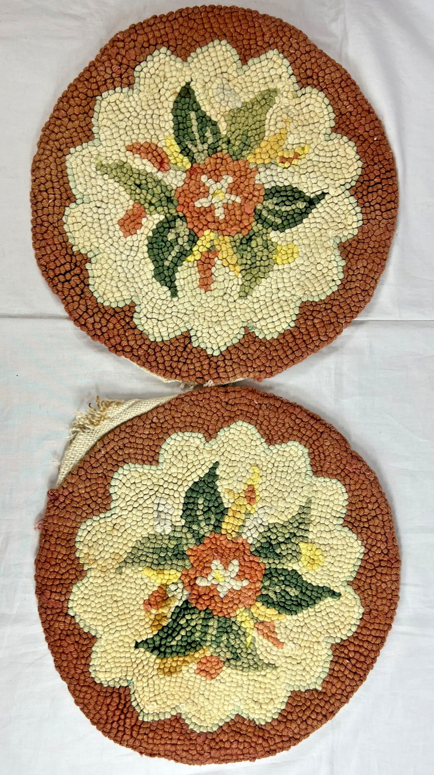 Vintage Pair Hand Hooked Stool Pad Covers 14″