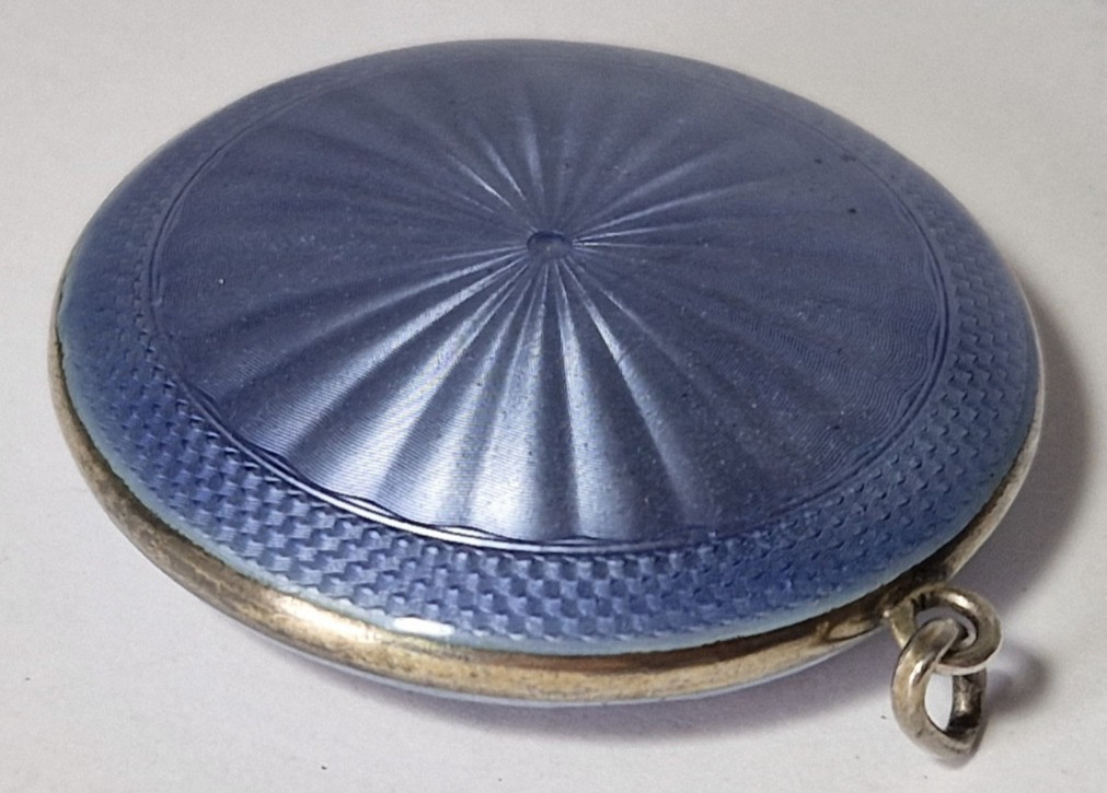 FRENCH SOLID SILVER VIOLET GUILLOCHE ENAMEL MIRROR POWDER COMPACT PENDANT