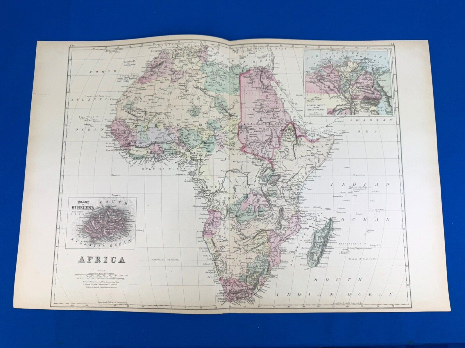 1886 Color Map AFRICA 23.5″ x 15.25″ Nile Delta, St. Helena ~ A. Mitchell Atlas