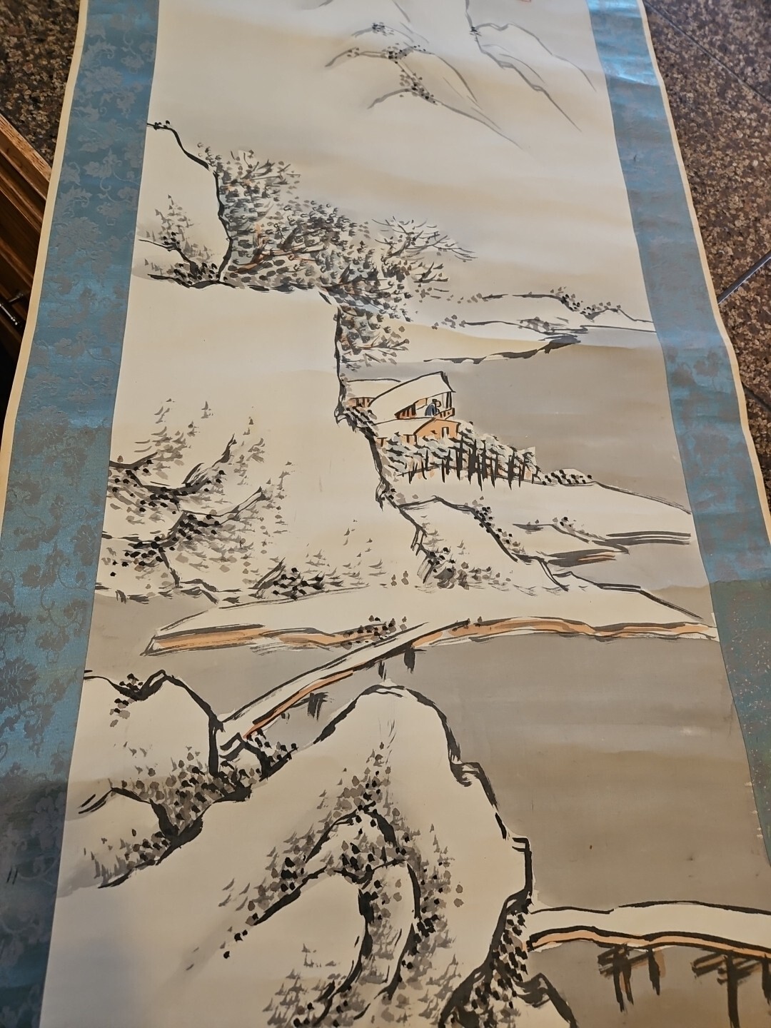 Oriental Hanging Scroll Hand Painted Mountains House Signed Vintage 78×21 Inches