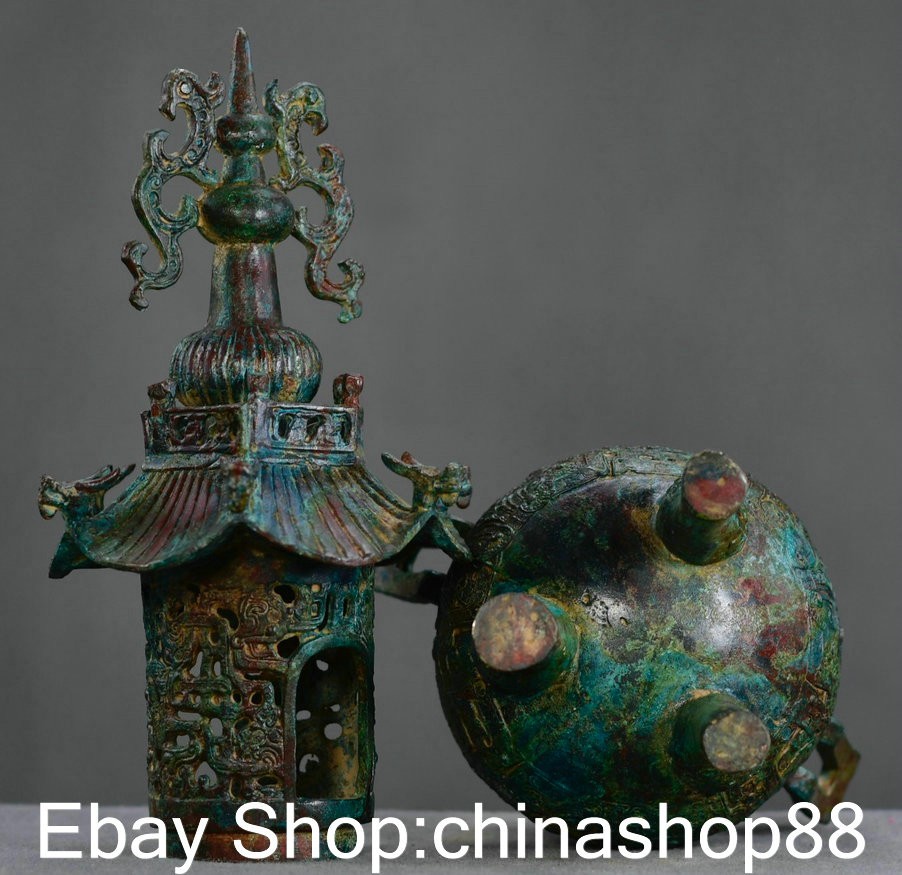 17.2″ Old China Bronze Ware Dynasty Palace Dragon Ear Pavilion incense burner