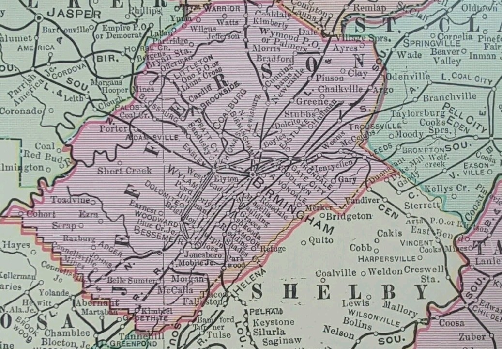 Vintage 1906 ALABAMA Map 14″x22″ ~ Old Antique Original HUNTSVILLE BIRMINGHAM AL