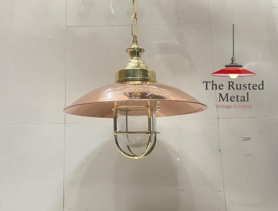Brass Hanging Light with Copper Shade | Modern Industrial Hanging Light Fixture