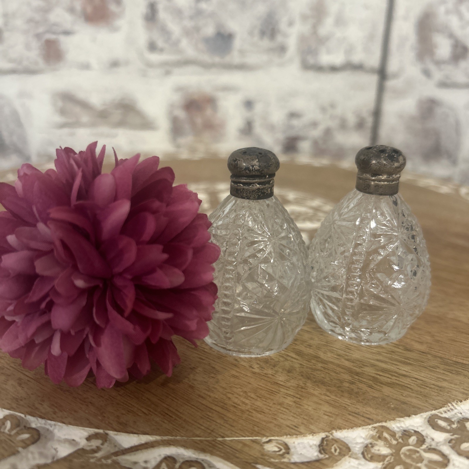 Vintage Cut Glass Salt & Pepper Shaker Set • Sterling Silver Tops • USA
