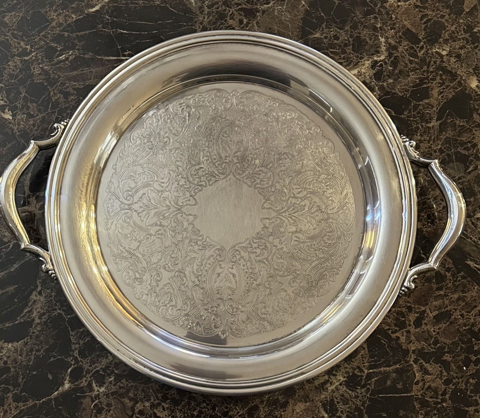 Vintage STUNNING Silver-Plated 15 1/2” Round w Handles Serving Tray Platter