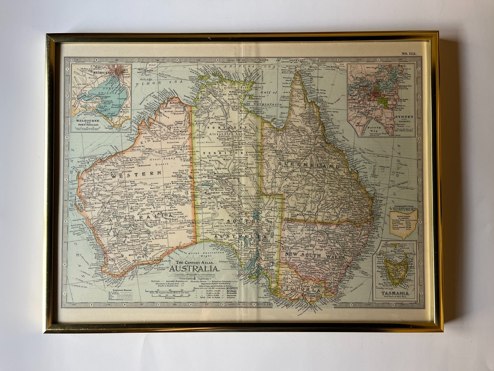 1897 / 1902 Framed Map of AUSTRALIA fm The Century Atlas Plate 115 SEE DESCRIP