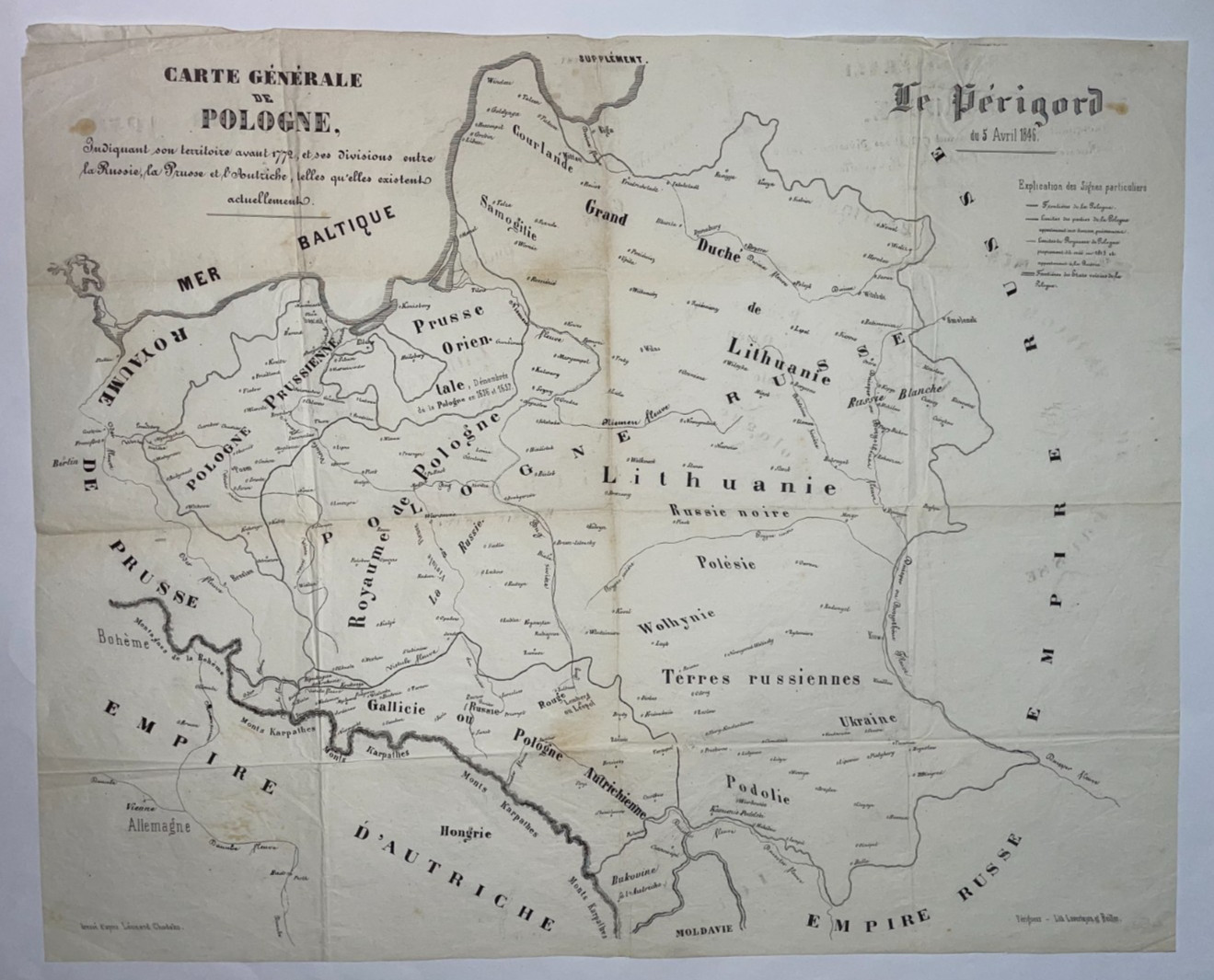 POLAND LITHUANIA 1846 LAVERTUJON / CHODSKO LARGE ANTIQUE MAP 19TH CENTURY