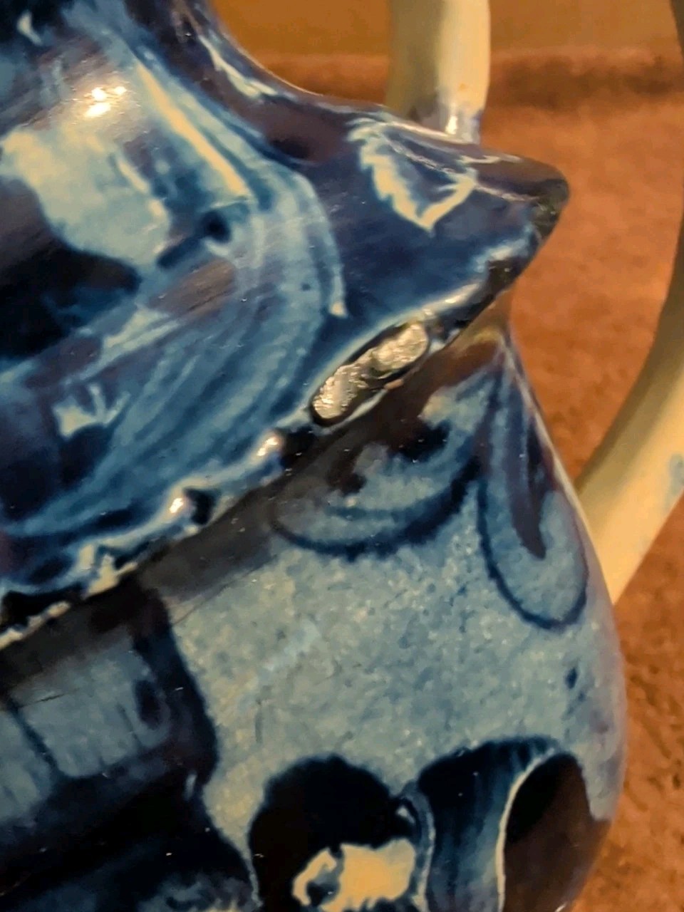 Historic Staffordshire Blue Transfer Teapot People Siting At A Table c. 1800’s