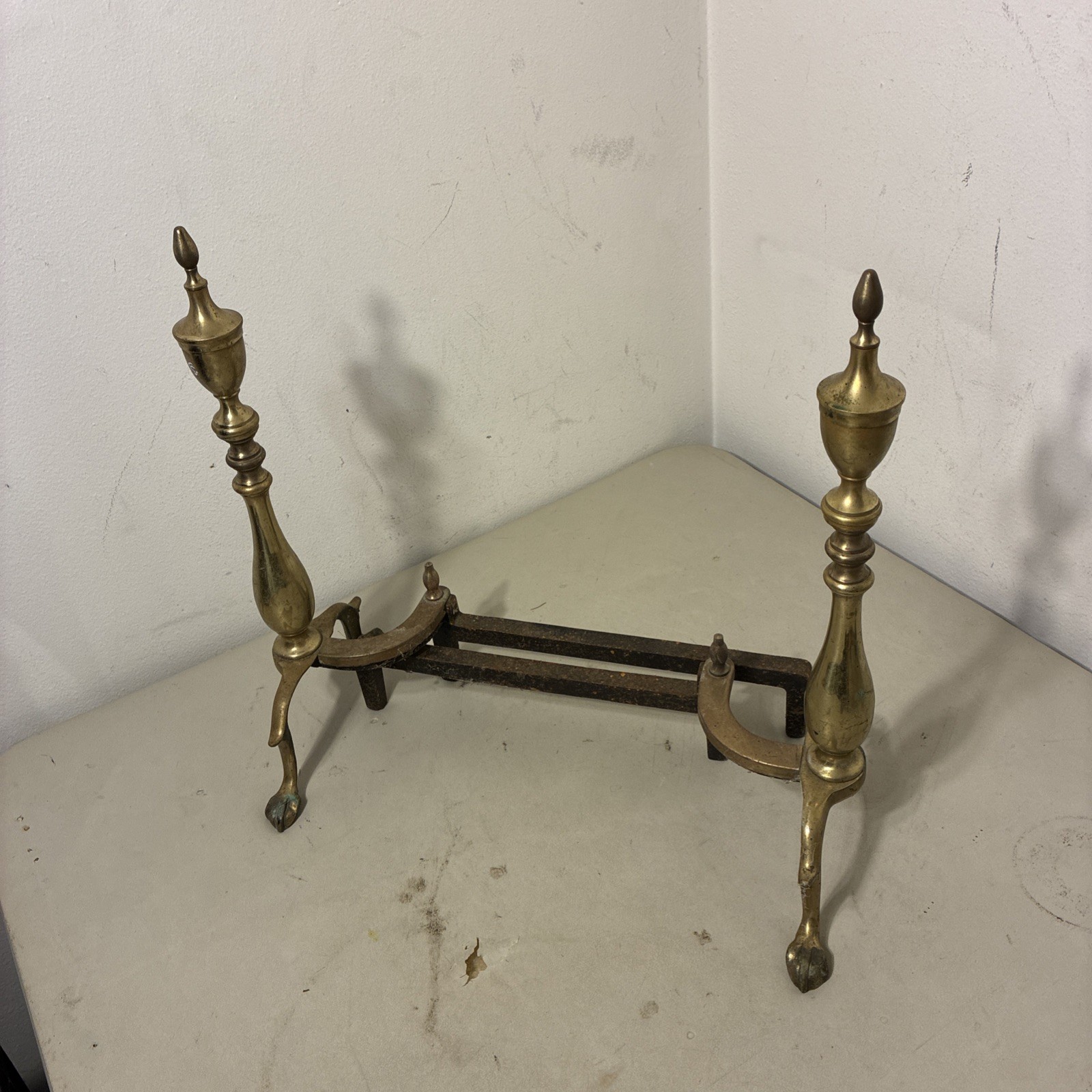 Vintage Brass Fireplace Andirons 19″ Claw Foot Pair