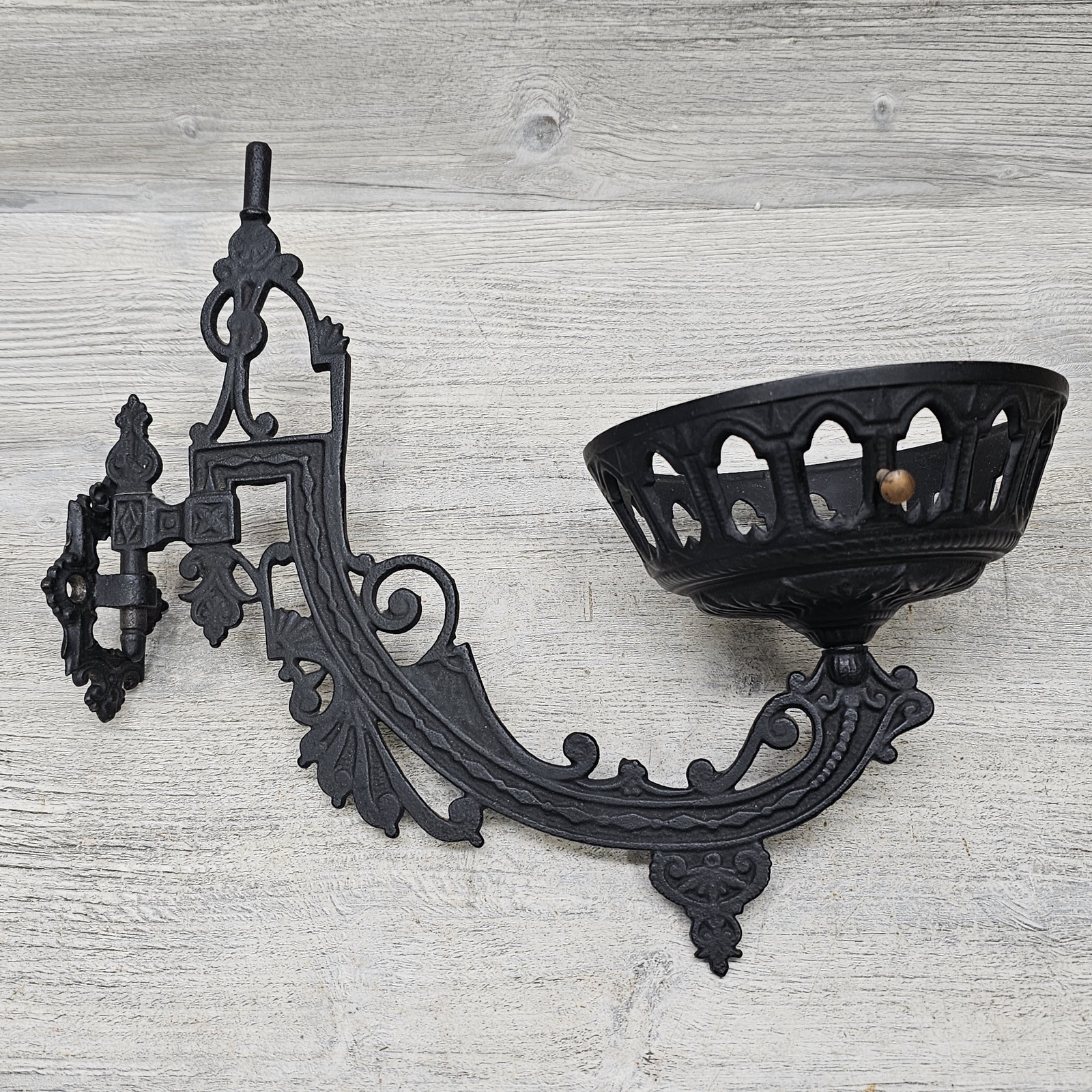 Antique Ornate Black Cast Iron Oil Lamp Wall Sconce Candle Holder Fixture