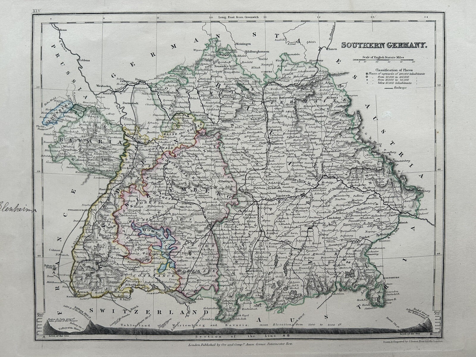 1851 South Germany Hand Coloured Antique Map By John Dower Showing Mountains