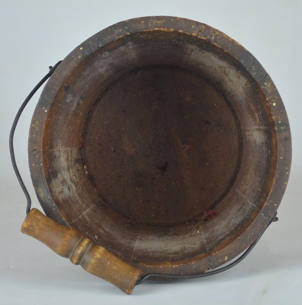 ANTIQUE PRIMITIVE WOODEN BUCKET SWING TURNED HANDLE-ADVERTISING J.W. WIND 5 1/2″