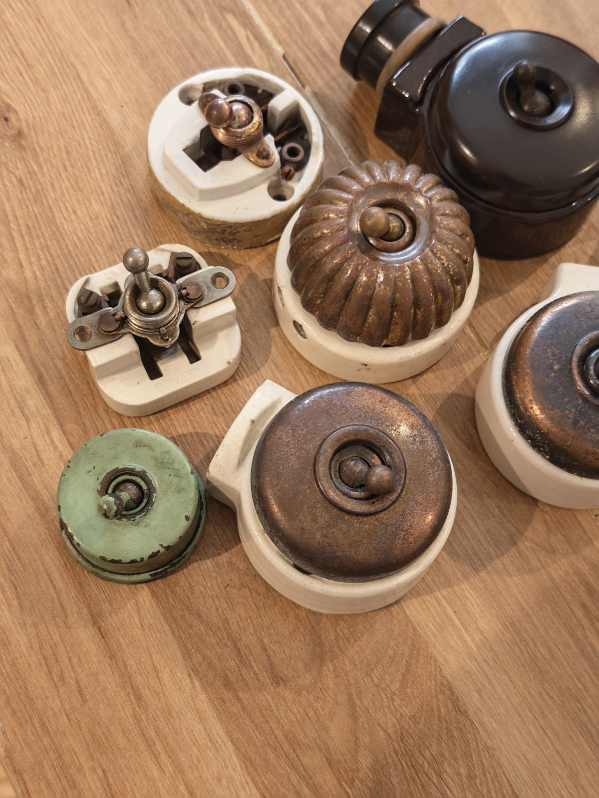 Collection Of 9 Antique Brass & Ceramic Light Switch Old Dolly Toggle