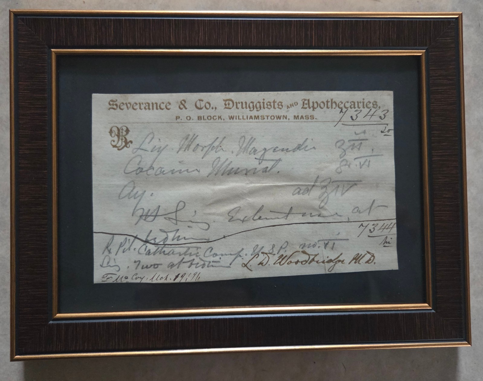 Framed Antique 1891 Prescriptions: Morphine & Cocaine, Compound Cathartic Pills