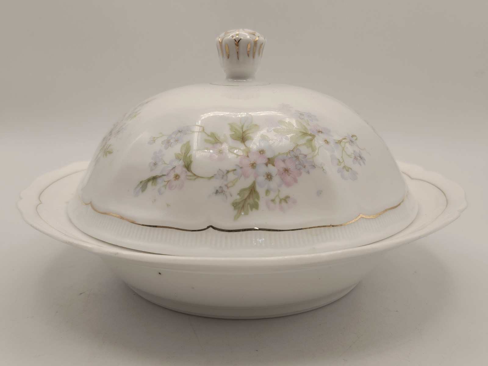 Antique Crown Vienna Floral China Dome Lid Butter Dish with Cover Gold Accents