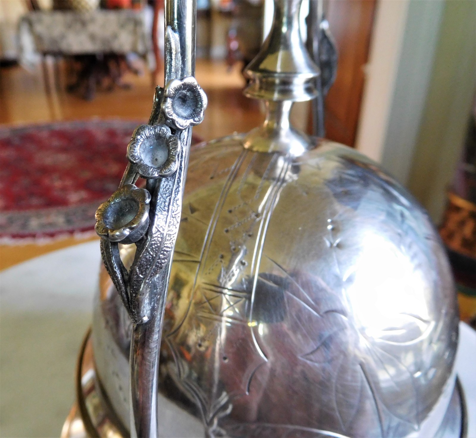 Antique Engraved 1875 Ornate Silverplate Covered Butter with Birds & Flowers