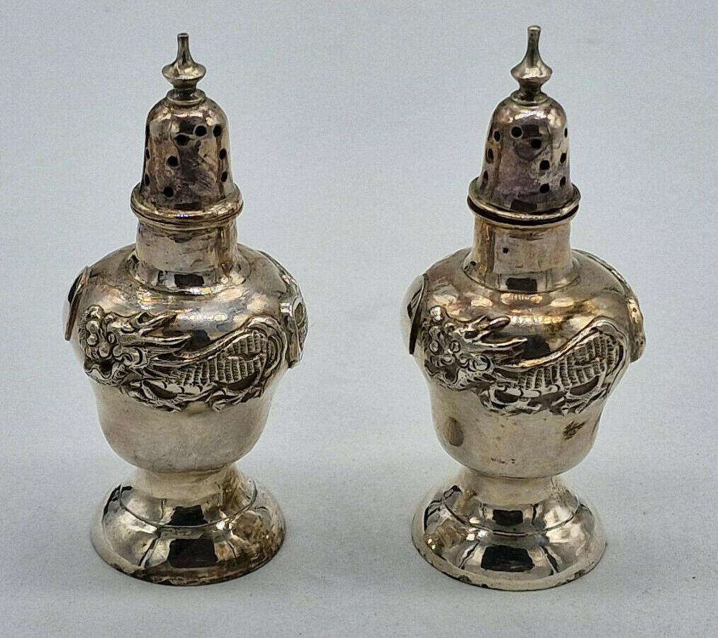 ANTIQUE BEAUTIFUL PAIR CHINESE EXPORT SOLID SILVER SOLT POT / C019