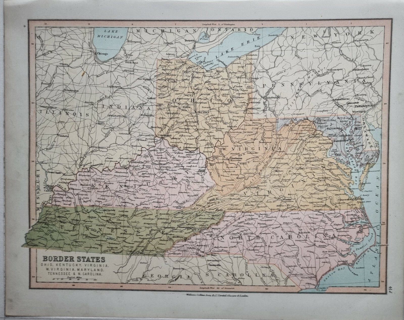 1878 ANTIQUE MAP UNITED STATES BORDER STATES OHIO KENTUCKY MARYLAND TENNESSEE