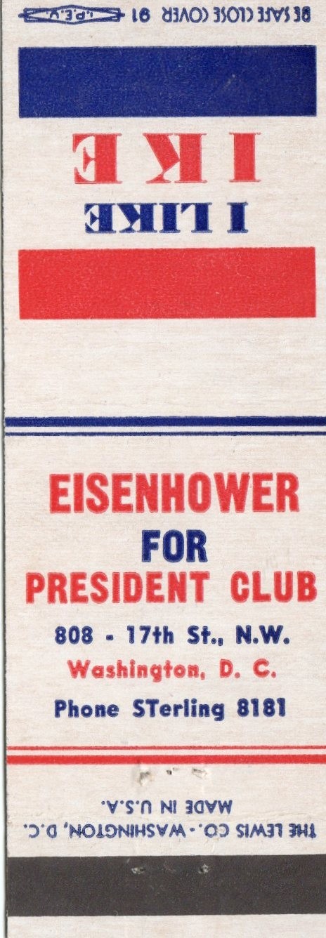 Vintage Matchcover Eisenhower For President Club Washington D C