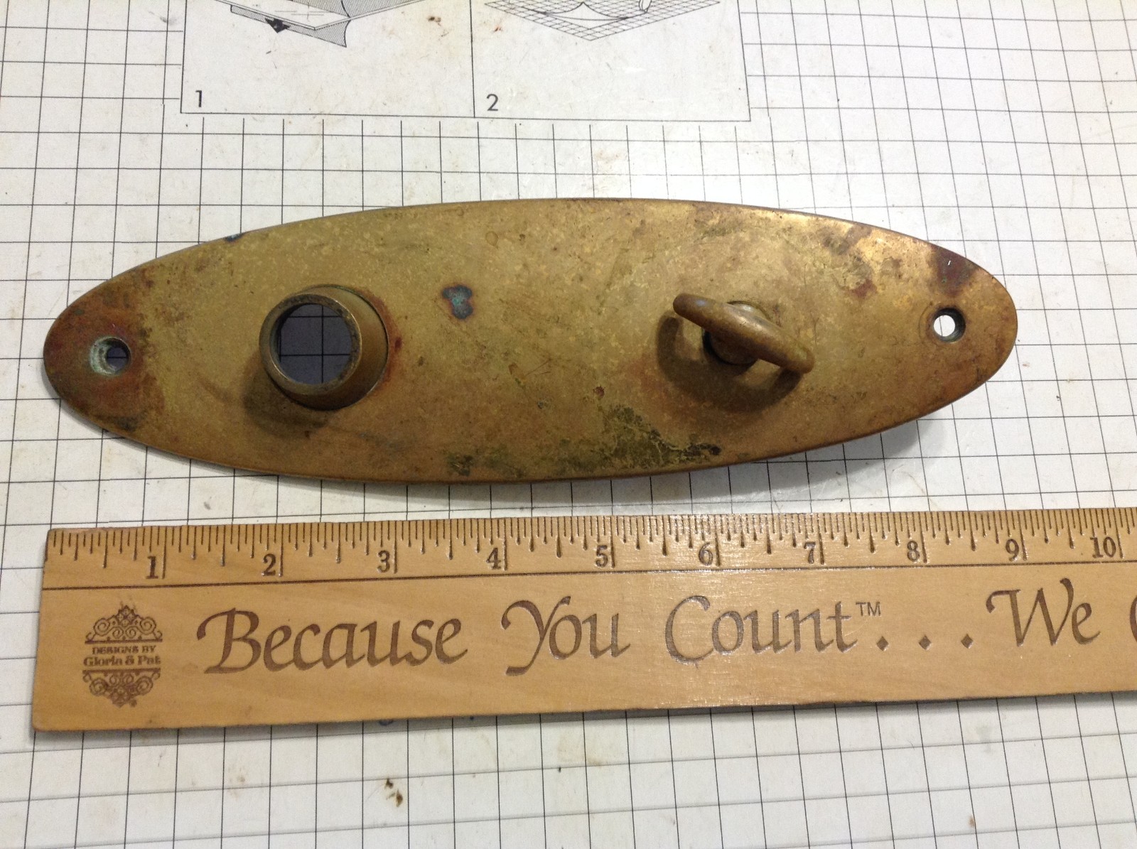 Antique/Vintage Brass Back Plate. Oval, Art Deco, Door Hardware w/turn knob