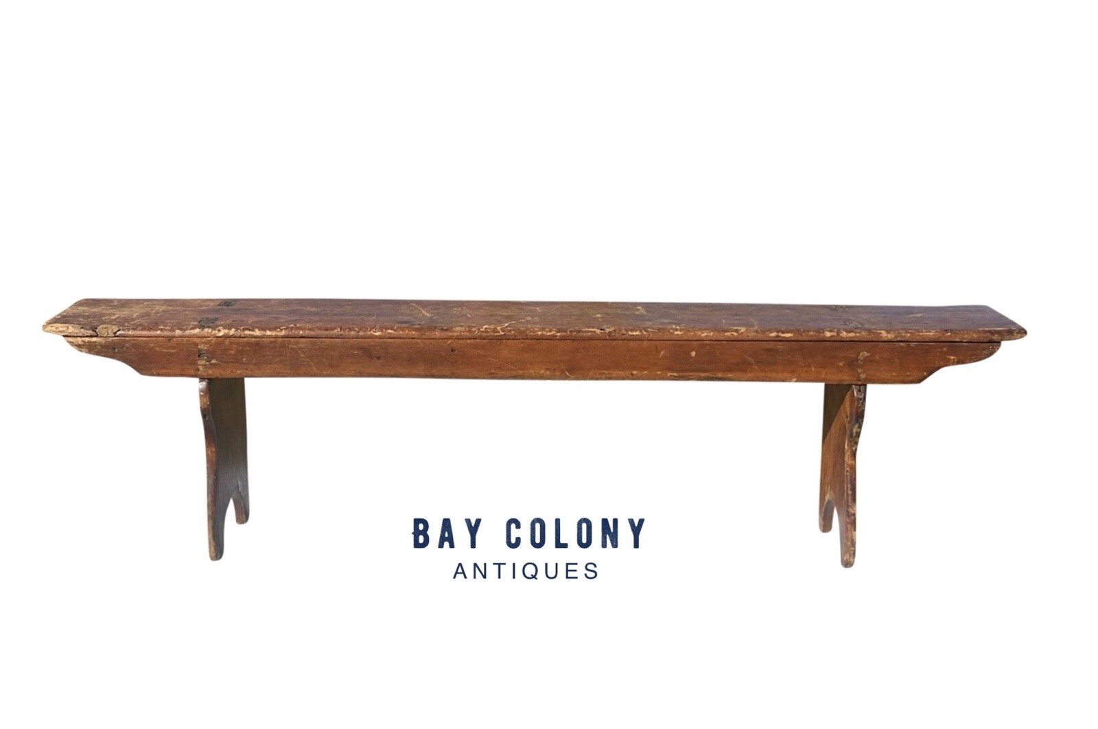 ANTIQUE PRIMITIVE PINE NANTUCKET MEETINGHOUSE BENCH WITH HALF MOON CUTOUT ENDS