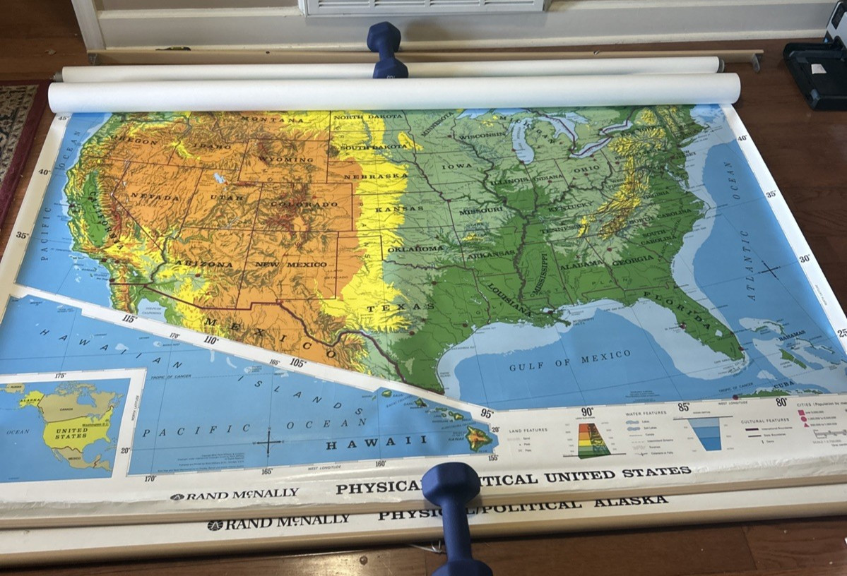 Vintage Rand McNally Pull Down 3 Maps Primary Political World USA AK/HI 58″x72″