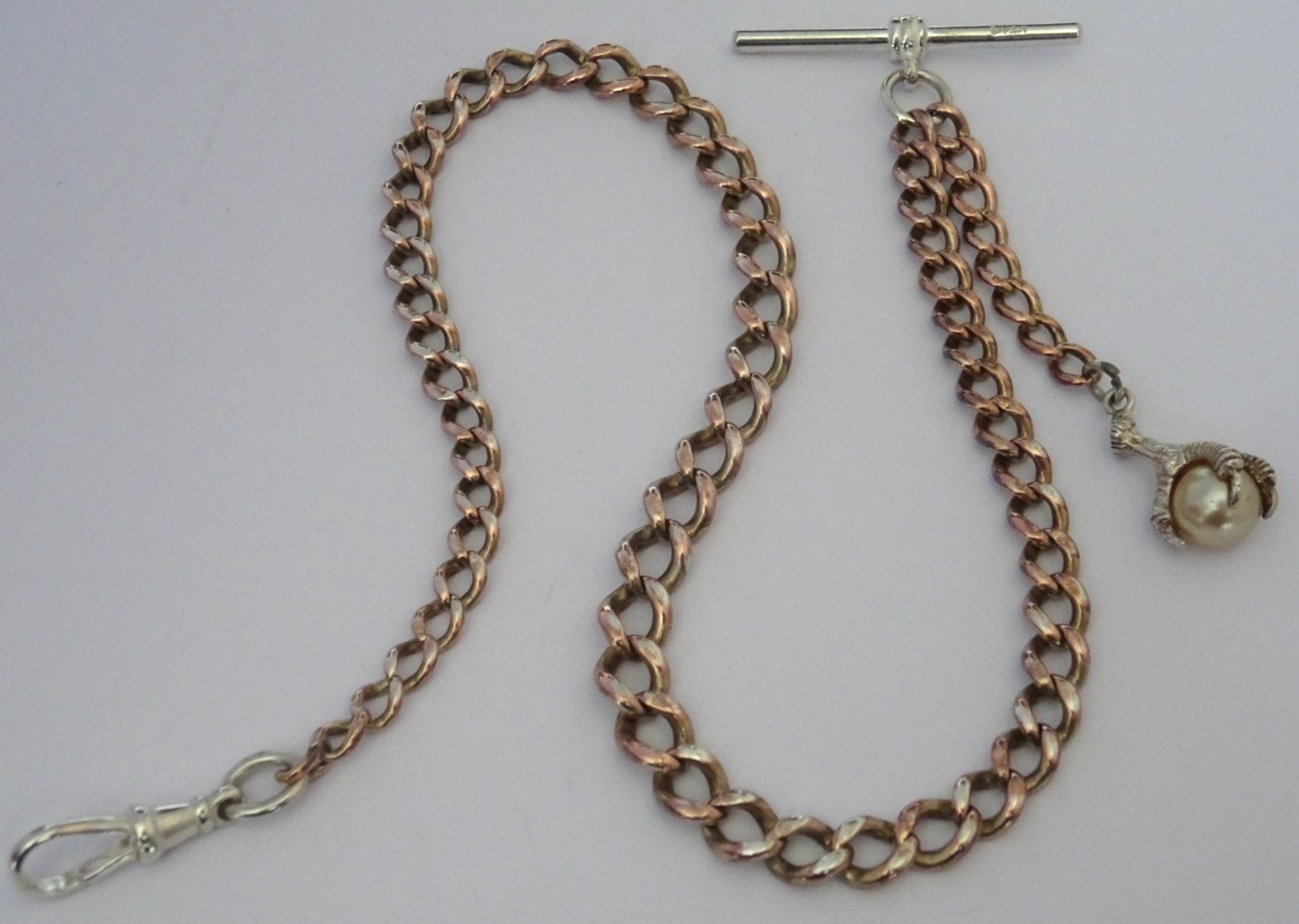 Antique gold on solid silver pocket watch albert chain w ‘pearl’ claw & ball fob